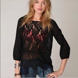 Free People Black Sheer Lace Fringe Top Small